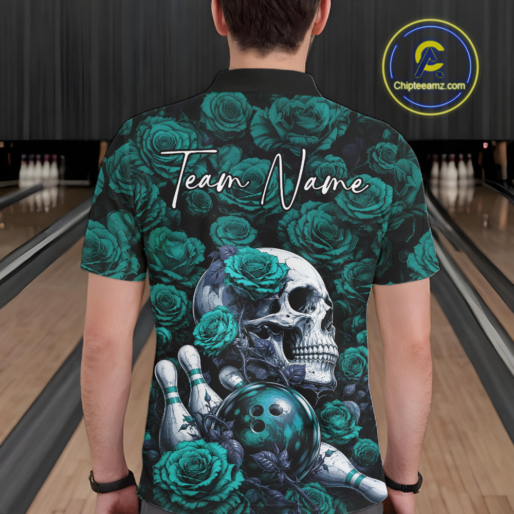 Custom Turquoise Blue Roses And Skull Halloween Bowling Jersey Men Polo Shirt IPHW11971