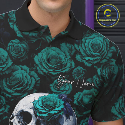 Custom Turquoise Blue Roses And Skull Halloween Bowling Jersey Men Polo Shirt IPHW11971