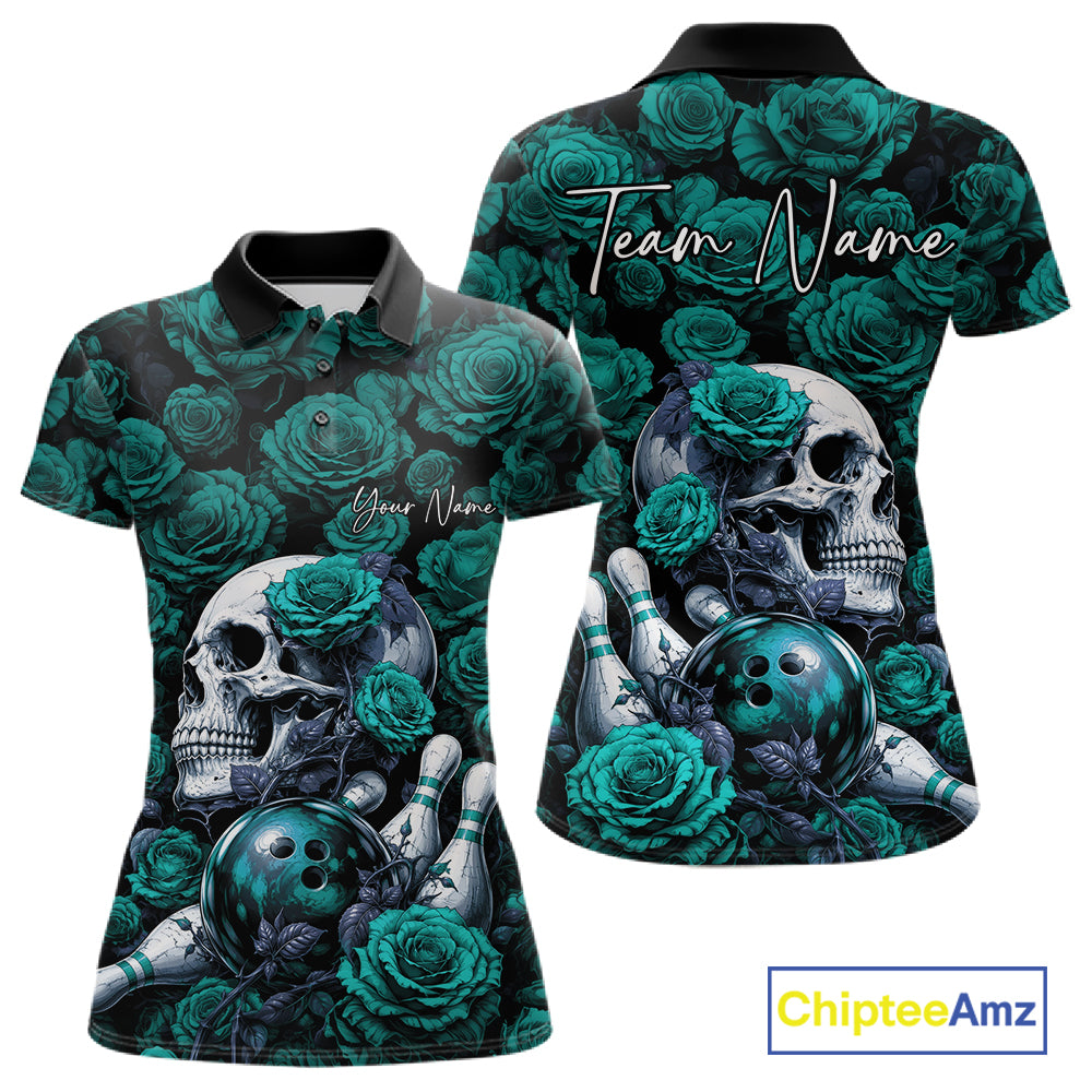 Custom Turquoise Blue Roses And Skull Halloween Bowling Jersey Women Polo Shirt IPHW11971