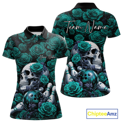 Custom Turquoise Blue Roses And Skull Halloween Bowling Jersey Women Polo Shirt IPHW11971