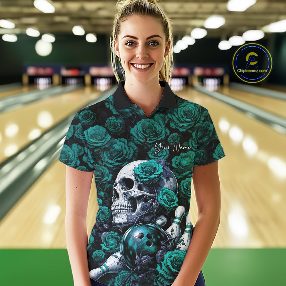Custom Turquoise Blue Roses And Skull Halloween Bowling Jersey Women Polo Shirt IPHW11971