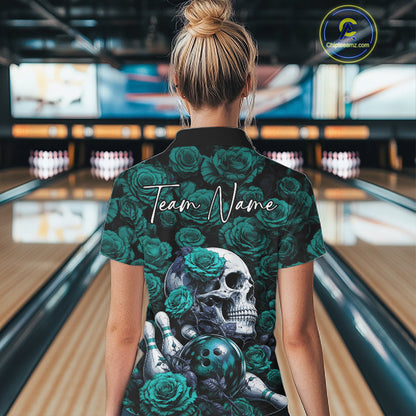 Custom Turquoise Blue Roses And Skull Halloween Bowling Jersey Women Polo Shirt IPHW11971