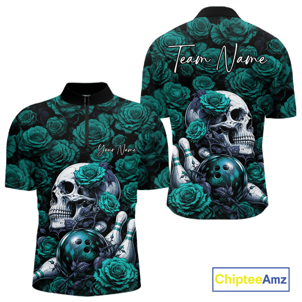 Custom Turquoise Blue Roses And Skull Halloween Bowling Jersey Men Quarter Zip Shirt IPHW11971