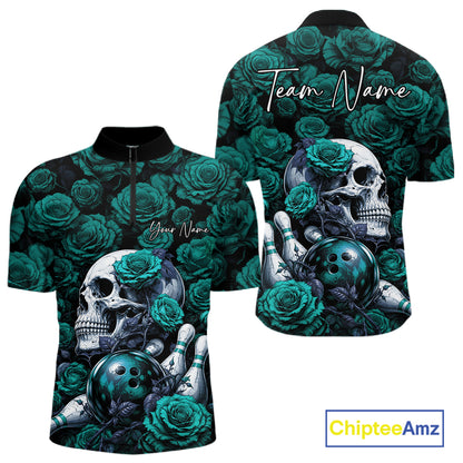 Custom Turquoise Blue Roses And Skull Halloween Bowling Jersey Men Quarter Zip Shirt IPHW11971