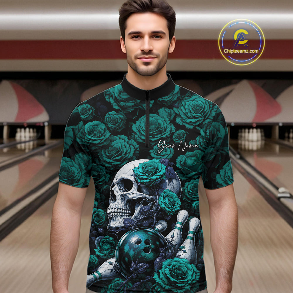 Custom Turquoise Blue Roses And Skull Halloween Bowling Jersey Men Quarter Zip Shirt IPHW11971