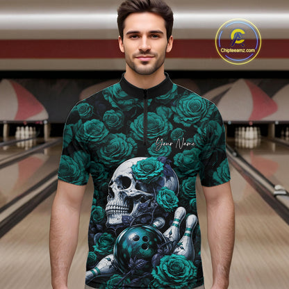 Custom Turquoise Blue Roses And Skull Halloween Bowling Jersey Men Quarter Zip Shirt IPHW11971