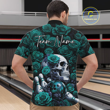 Custom Turquoise Blue Roses And Skull Halloween Bowling Jersey Men Quarter Zip Shirt IPHW11971