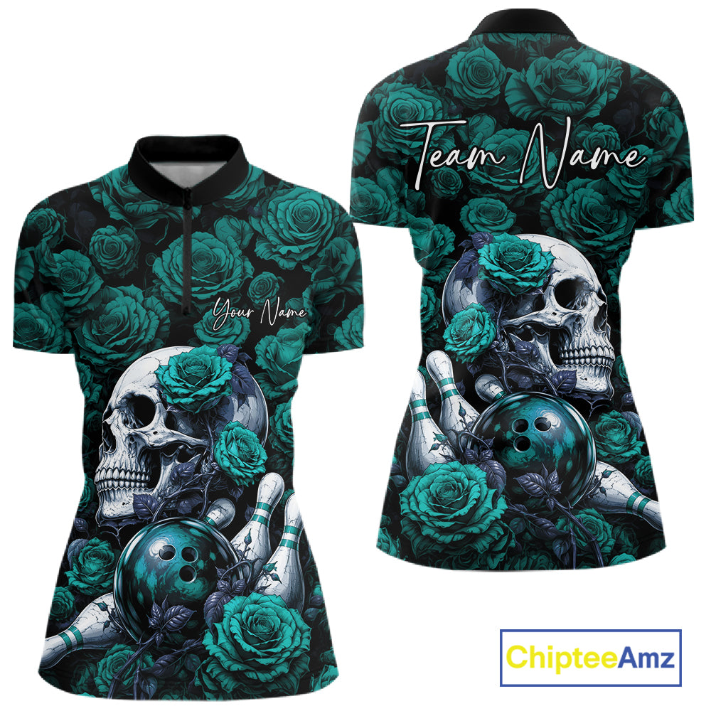 Custom Turquoise Blue Roses And Skull Halloween Bowling Jersey Women Quarter-Zip Shirt IPHW11971