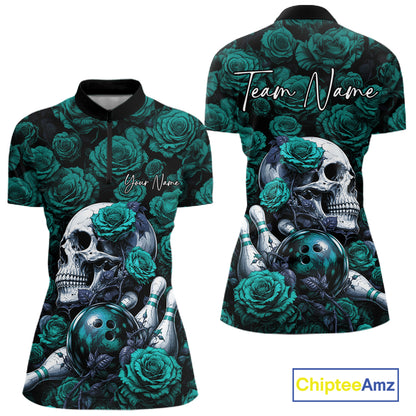 Custom Turquoise Blue Roses And Skull Halloween Bowling Jersey Women Quarter-Zip Shirt IPHW11971
