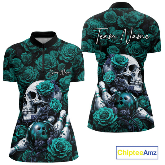 Custom Turquoise Blue Roses And Skull Halloween Bowling Jersey Women Quarter-Zip Shirt IPHW11971