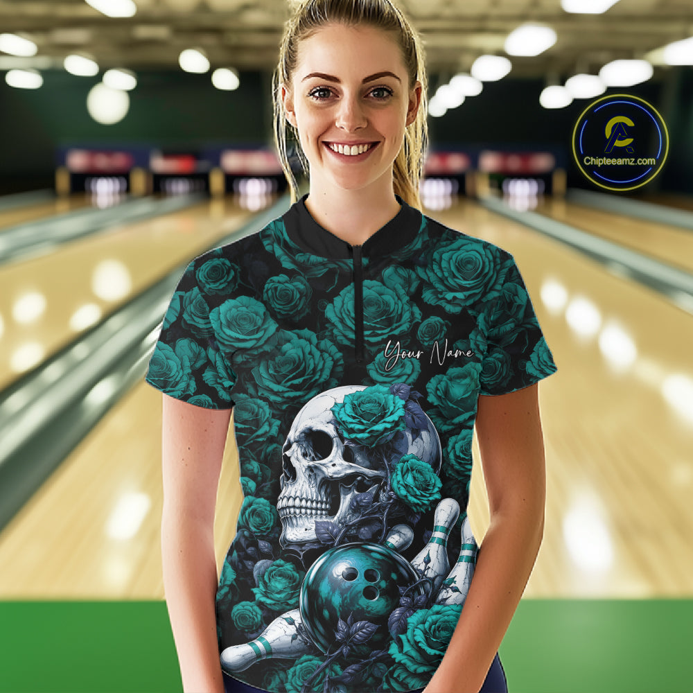 Custom Turquoise Blue Roses And Skull Halloween Bowling Jersey Women Quarter-Zip Shirt IPHW11971