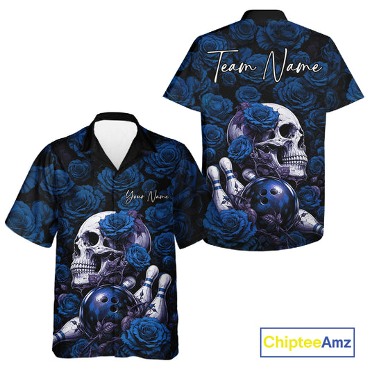 Custom Blue Roses And Skull Halloween Bowling Jersey Men And Women Button Up Shirt IPHW11972