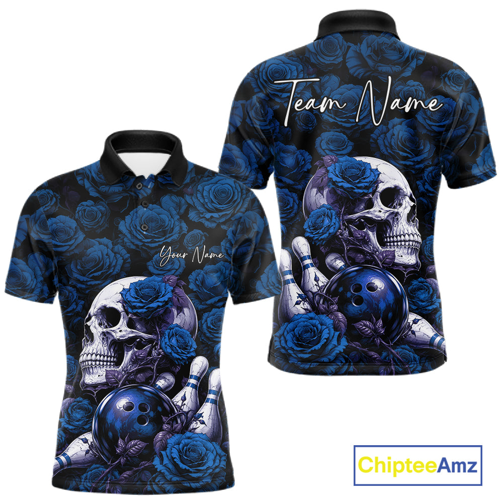 Custom Blue Roses And Skull Halloween Bowling Jersey Men Polo Shirt IPHW11972
