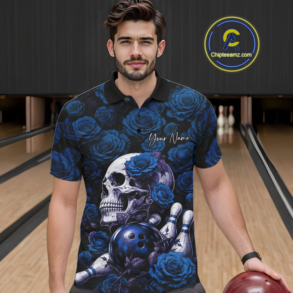 Custom Blue Roses And Skull Halloween Bowling Jersey Men Polo Shirt IPHW11972