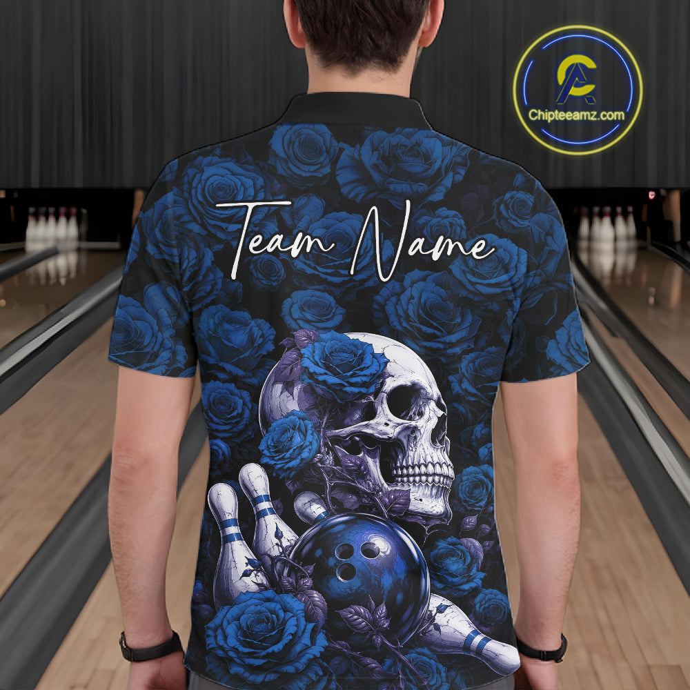 Custom Blue Roses And Skull Halloween Bowling Jersey Men Polo Shirt IPHW11972