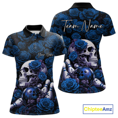 Custom Blue Roses And Skull Halloween Bowling Jersey Women Polo Shirt IPHW11972