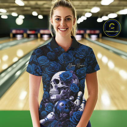 Custom Blue Roses And Skull Halloween Bowling Jersey Women Polo Shirt IPHW11972