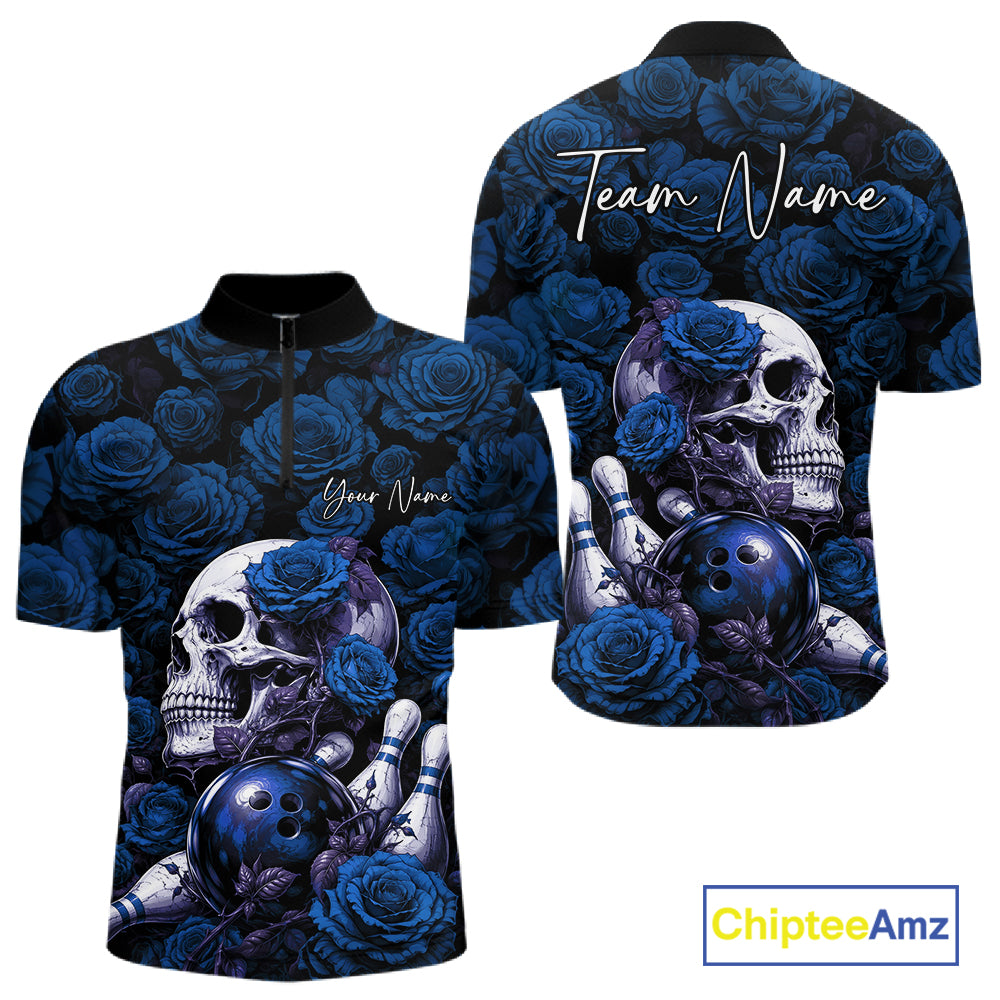 Custom Blue Roses And Skull Halloween Bowling Jersey Men Quarter Zip Shirt IPHW11972