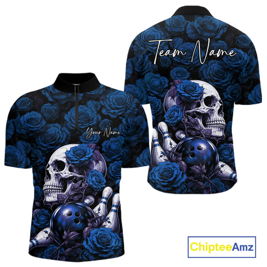 Custom Blue Roses And Skull Halloween Bowling Jersey Men Quarter Zip Shirt IPHW11972