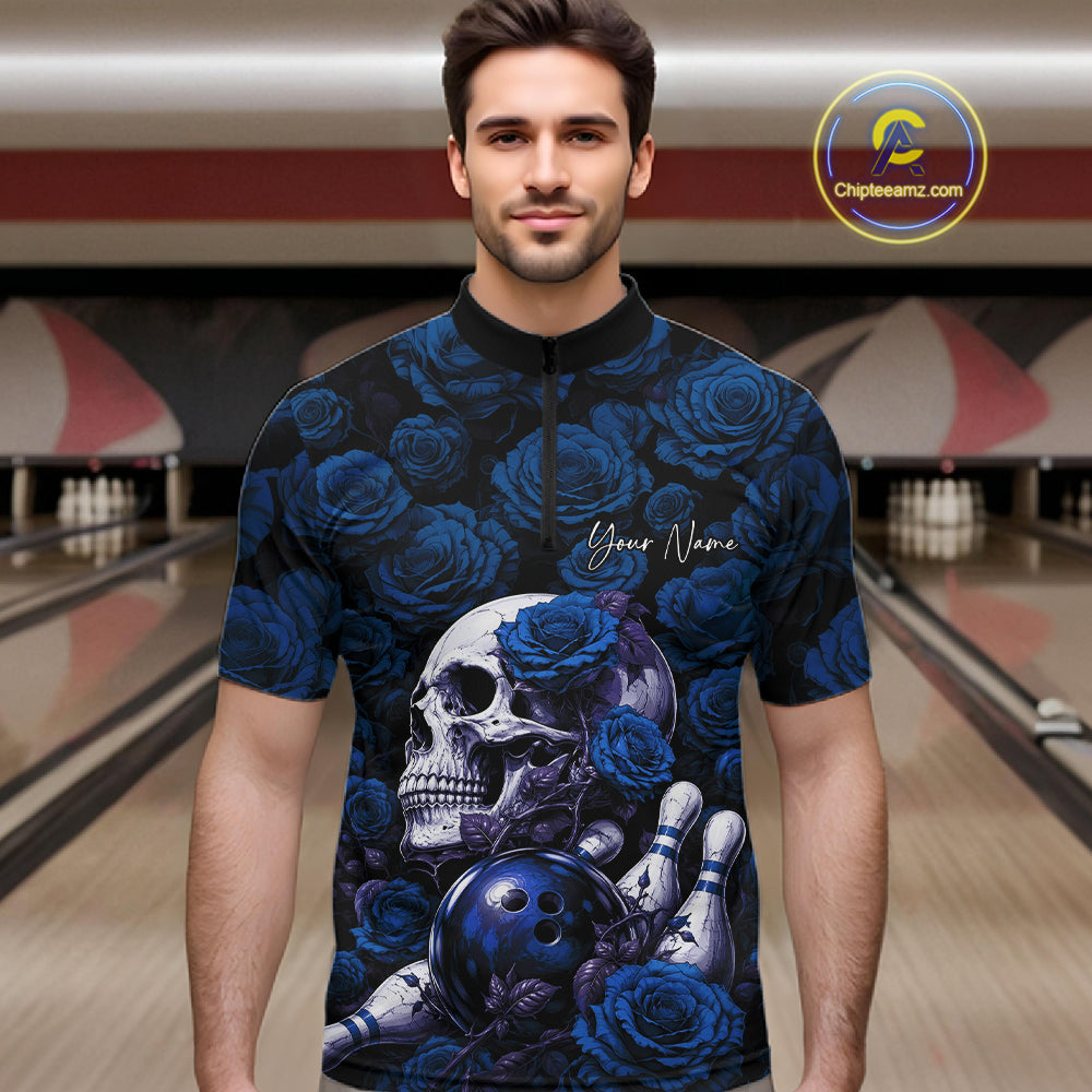 Custom Blue Roses And Skull Halloween Bowling Jersey Men Quarter Zip Shirt IPHW11972
