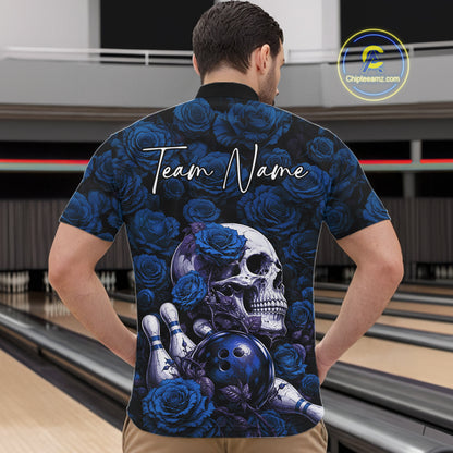 Custom Blue Roses And Skull Halloween Bowling Jersey Men Quarter Zip Shirt IPHW11972