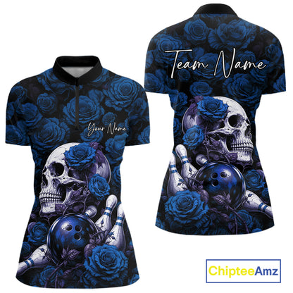 Custom Blue Roses And Skull Halloween Bowling Jersey Women Quarter-Zip Shirt IPHW11972