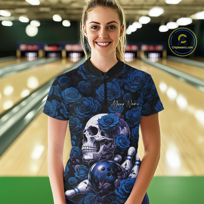 Custom Blue Roses And Skull Halloween Bowling Jersey Women Quarter-Zip Shirt IPHW11972