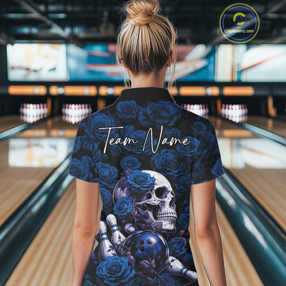 Custom Blue Roses And Skull Halloween Bowling Jersey Women Quarter-Zip Shirt IPHW11972
