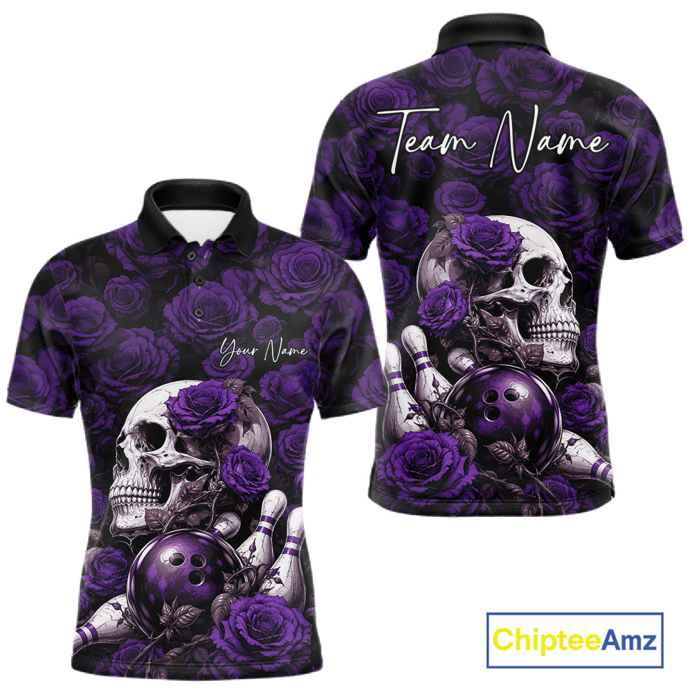 Custom Purple Roses And Skull Halloween Bowling Jersey Men Polo Shirt IPHW11973