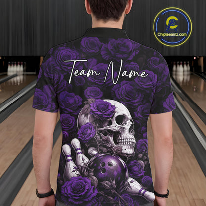 Custom Purple Roses And Skull Halloween Bowling Jersey Men Polo Shirt IPHW11973