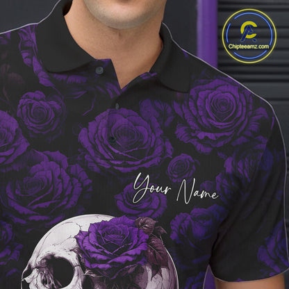 Custom Purple Roses And Skull Halloween Bowling Jersey Men Polo Shirt IPHW11973