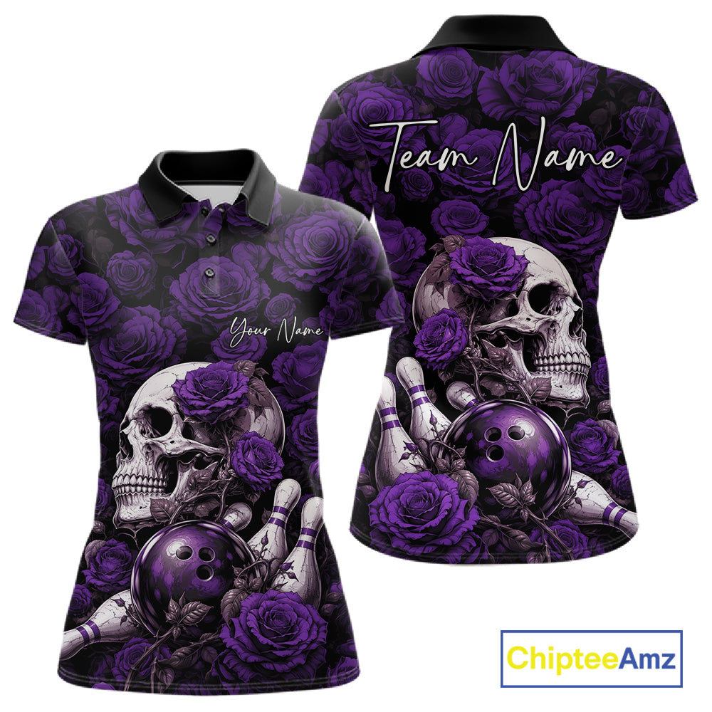 Custom Purple Roses And Skull Halloween Bowling Jersey Women Polo Shirt IPHW11973