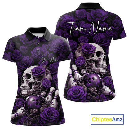 Custom Purple Roses And Skull Halloween Bowling Jersey Women Polo Shirt IPHW11973