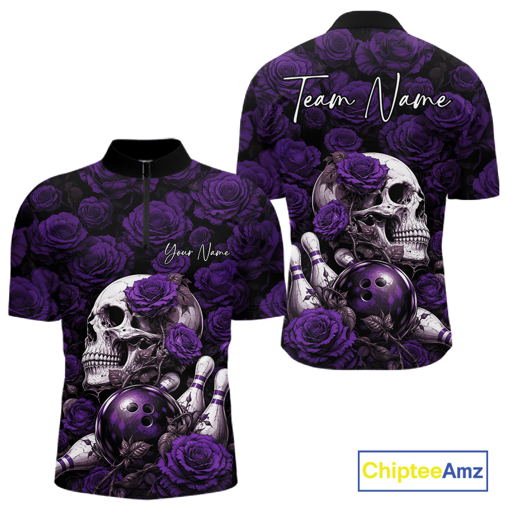 Custom Purple Roses And Skull Halloween Bowling Jersey Men Quarter Zip Shirt IPHW11973