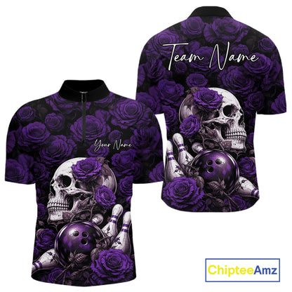 Custom Purple Roses And Skull Halloween Bowling Jersey Men Quarter Zip Shirt IPHW11973