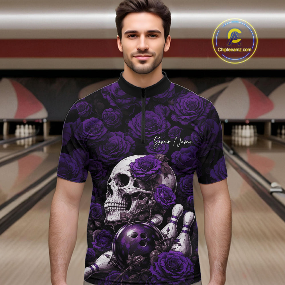 Custom Purple Roses And Skull Halloween Bowling Jersey Men Quarter Zip Shirt IPHW11973