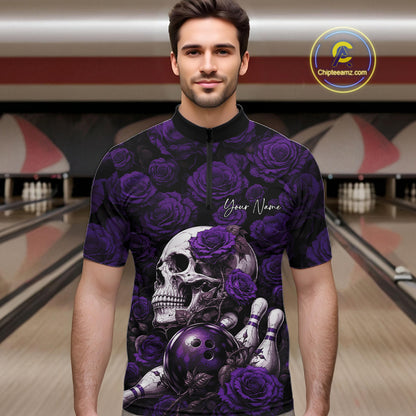 Custom Purple Roses And Skull Halloween Bowling Jersey Men Quarter Zip Shirt IPHW11973