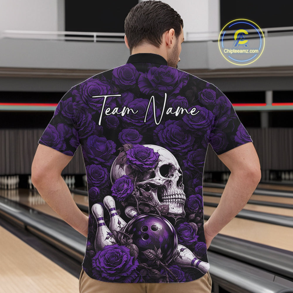 Custom Purple Roses And Skull Halloween Bowling Jersey Men Quarter Zip Shirt IPHW11973