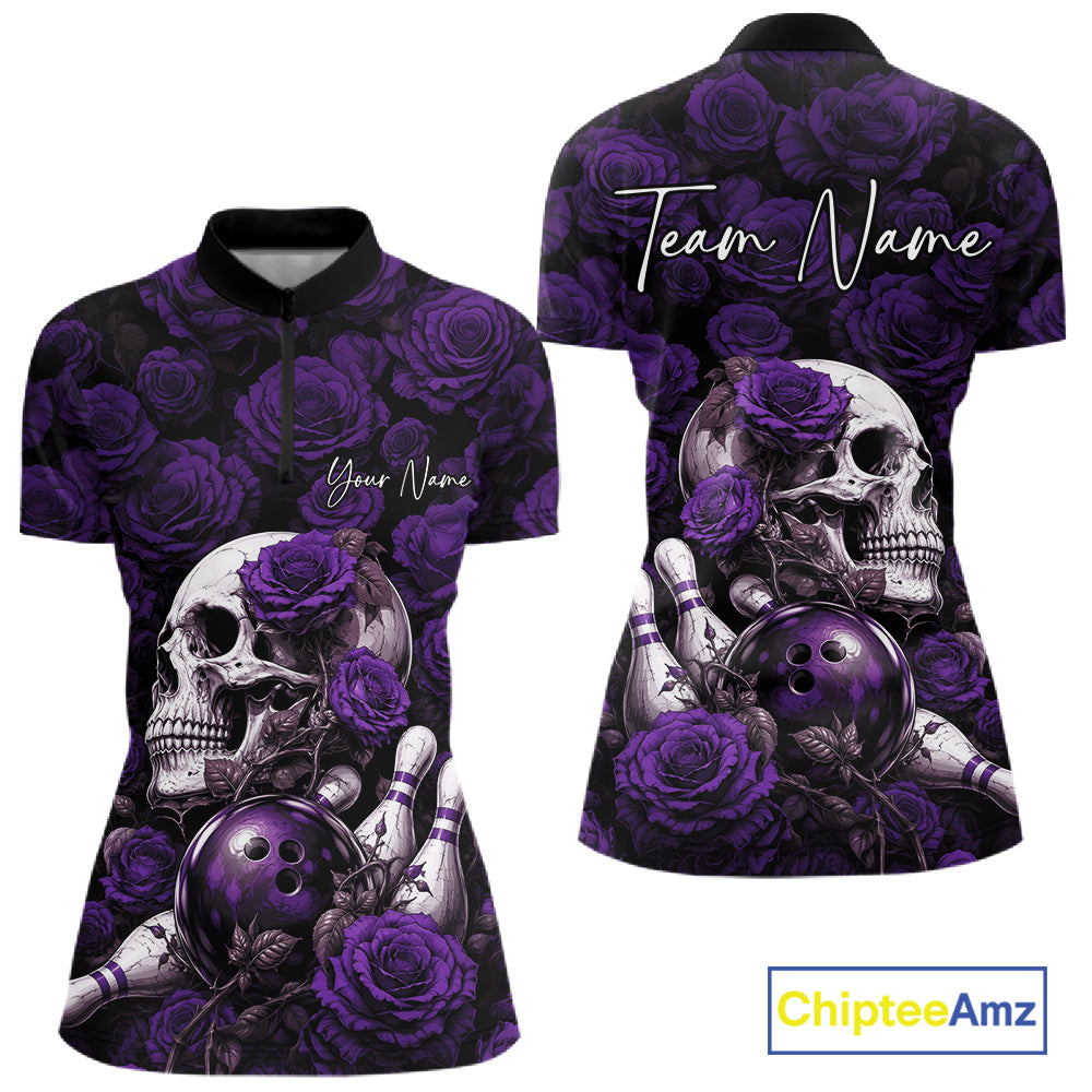 Custom Purple Roses And Skull Halloween Bowling Jersey Women Quarter-Zip Shirt IPHW11973