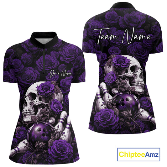 Custom Purple Roses And Skull Halloween Bowling Jersey Women Quarter-Zip Shirt IPHW11973