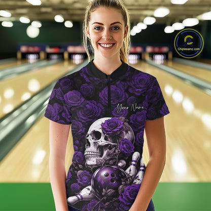 Custom Purple Roses And Skull Halloween Bowling Jersey Women Quarter-Zip Shirt IPHW11973