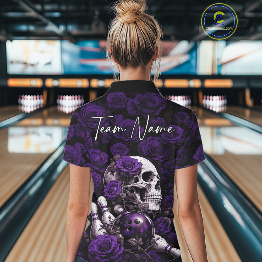 Custom Purple Roses And Skull Halloween Bowling Jersey Women Quarter-Zip Shirt IPHW11973