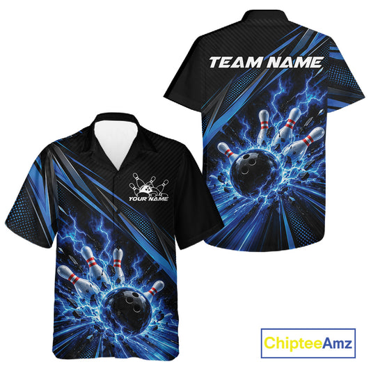 Custom Black And Blue Lightning Bowling Jerseys, Bowling Team League Men And Women Button Up Shirt IPHW12289