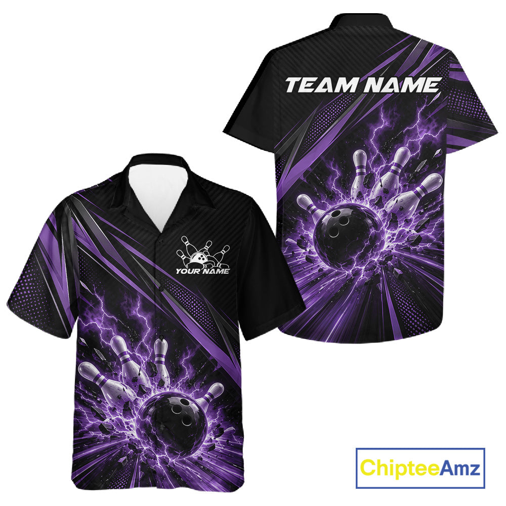 Custom Black And Purple Lightning Bowling Jerseys, Bowling Team League Men And Women Button Up Shirt IPHW12291