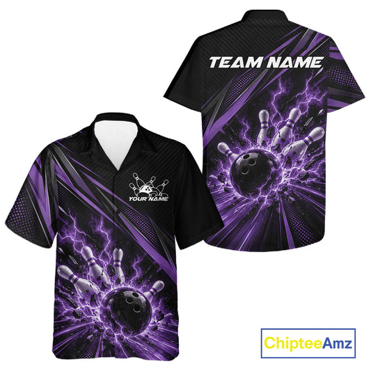 Custom Black And Purple Lightning Bowling Jerseys, Bowling Team League Men And Women Button Up Shirt IPHW12291