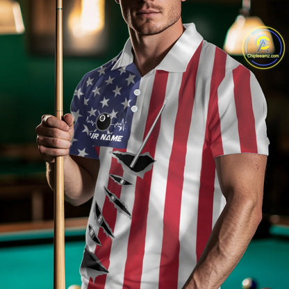 Custom US Flag Silver Billiard Cue Patriotic Billiard 8 Ball Shirts For Men Team Jerseys IPHW10585
