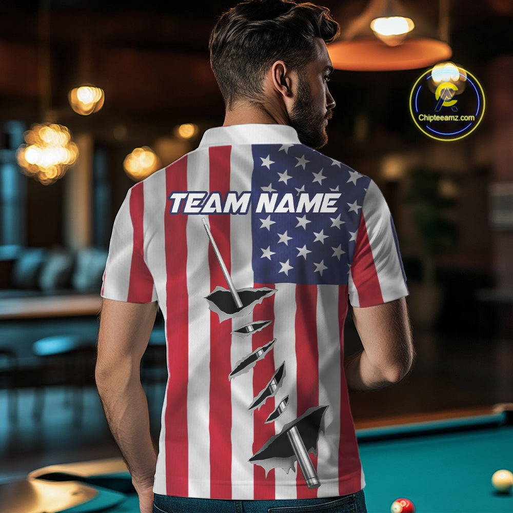 Custom US Flag Silver Billiard Cue Patriotic Billiard 8 Ball Shirts For Men Team Jerseys IPHW10585
