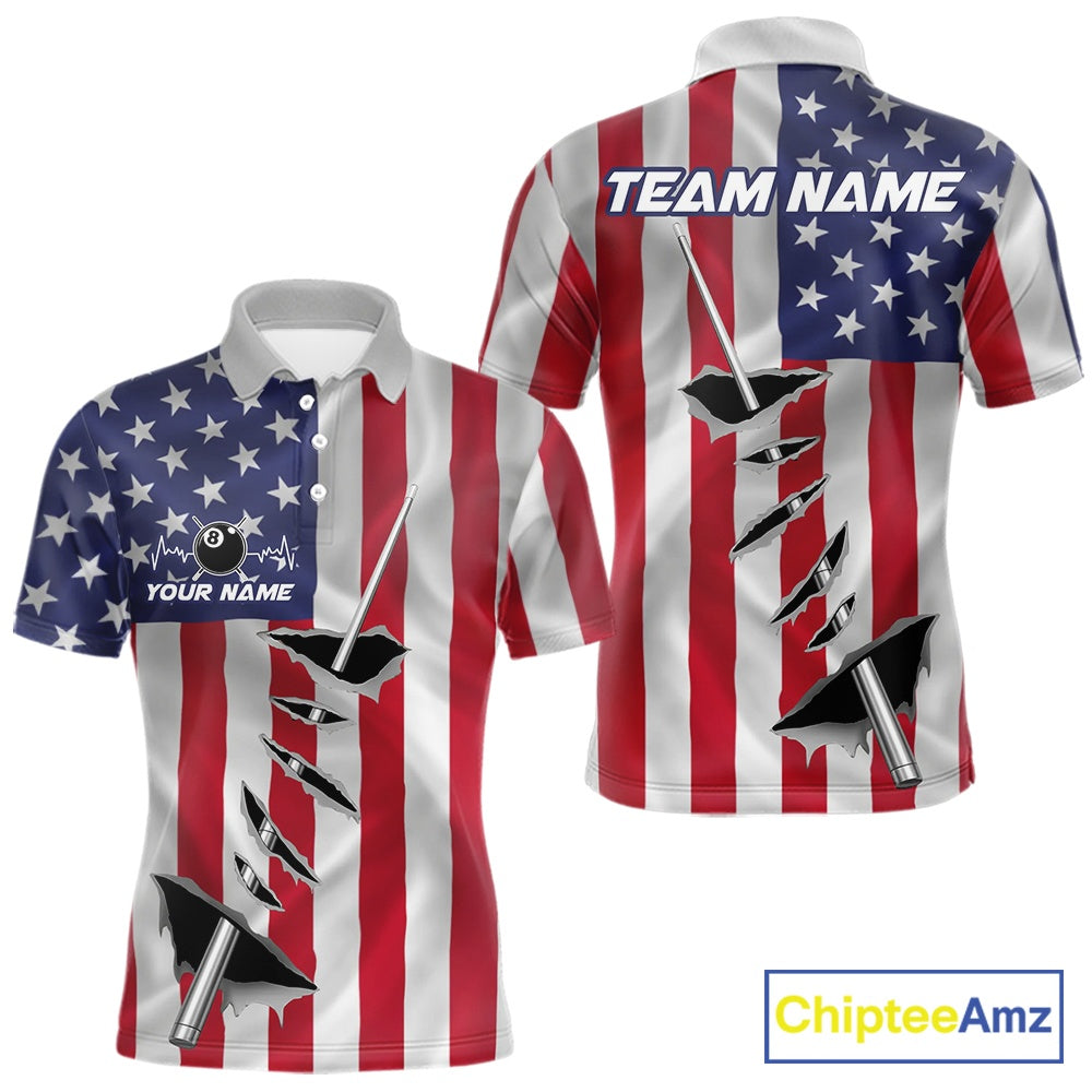Custom US Flag Silver Billiard Cue Patriotic Billiard 8 Ball Shirts For Men Team Jerseys IPHW10585