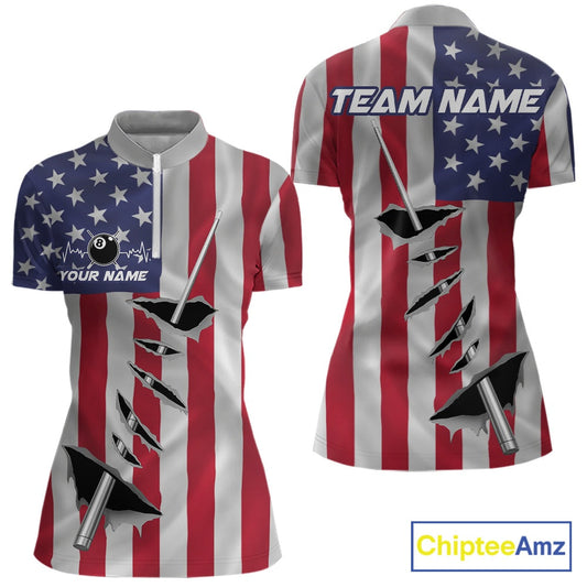 Custom US Flag Silver Billiard Cue Patriotic Billiard 8 Ball Shirts Women Team Jerseys IPHW10585