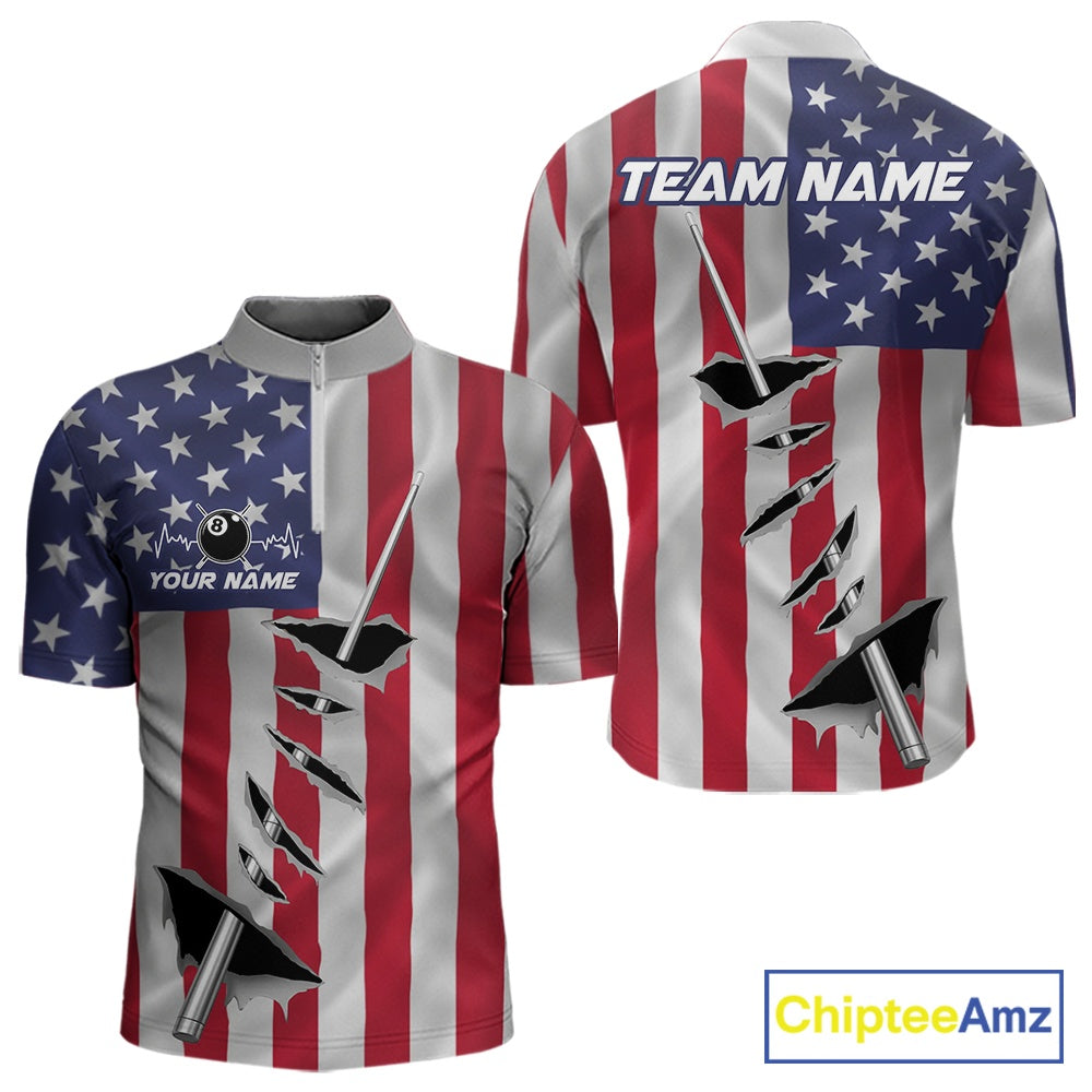 Custom US Flag Silver Billiard Cue Patriotic Billiard 8 Ball Shirts For Men Team Jerseys IPHW10585